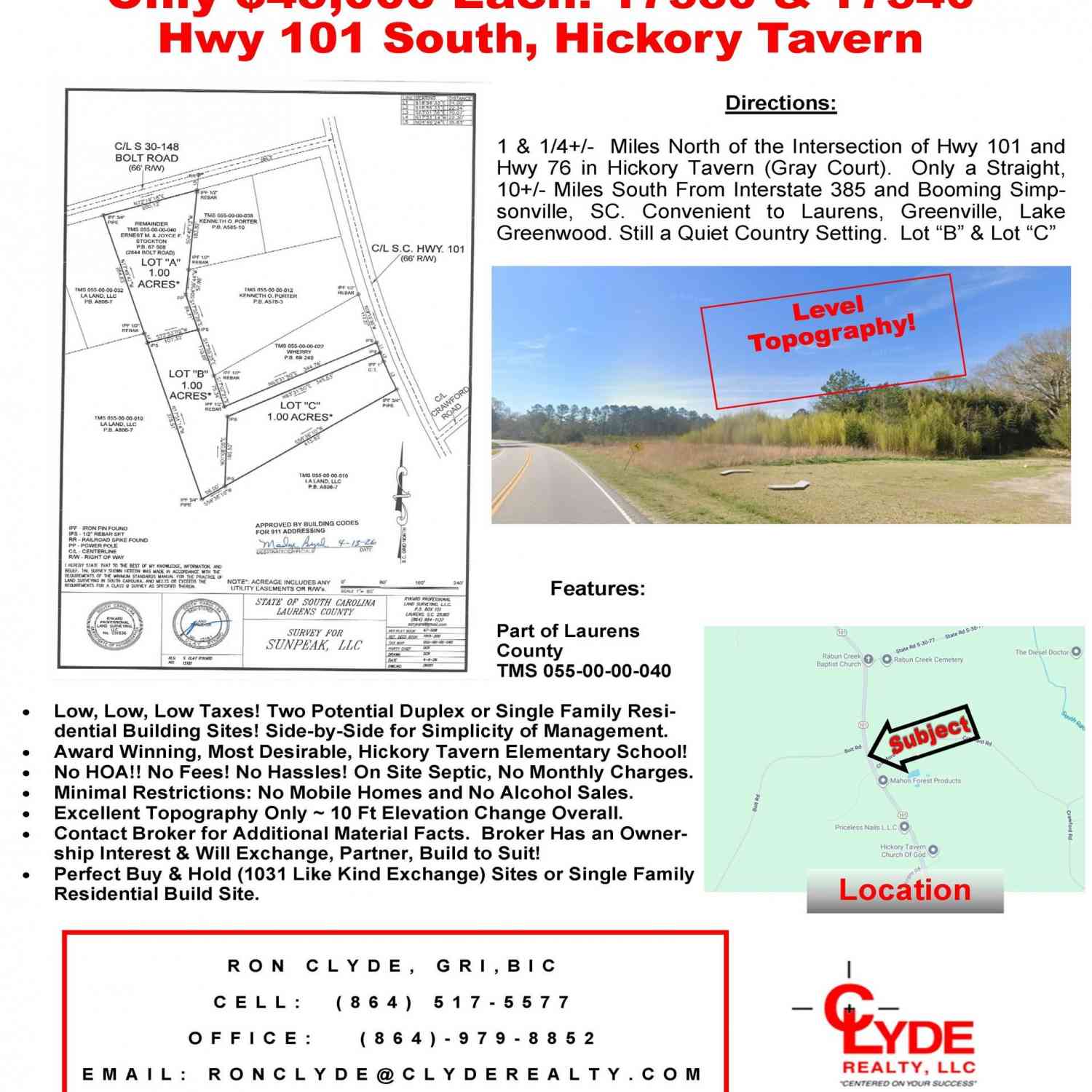 Vacant Land For Sale - 17530 A&B 101 South<br/> Laurens, SC 29645